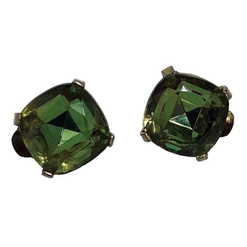Zentall Large Gold Tone And Light Green Glass Clip On Earrings Signed (5233)